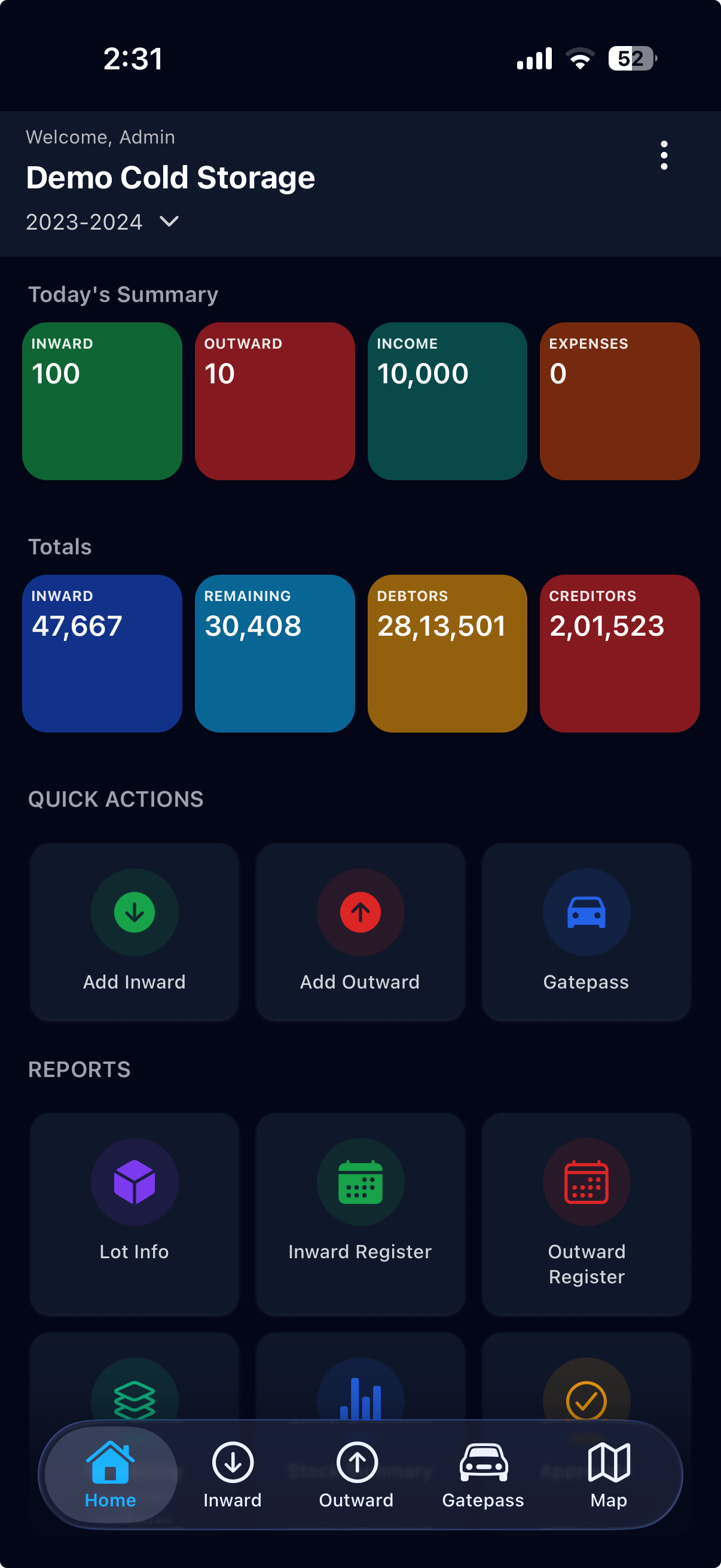 ColdStoreApp Mobile Dashboard